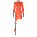 Star pattern beaded irregular long sleeve high neck ruffle mini dress