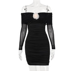 Flower applique mesh ruched off shoulder long sleeve mini dress