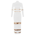 Patchwork mesh contrast long sleeve high neck maxi dress