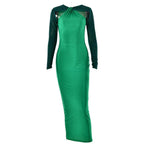 Long sleeve beaded zip-up hollow out patchwork maxi dress