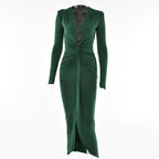 Long sleeve v neck solid ruched slit midi dress
