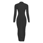 Textured long sleeve solid see through ruched maxi dress