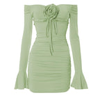 Flower applique hollow out ruched long flared sleeve mini dress
