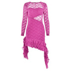 Lace backless solid ruffle long sleeve irregular mini dress