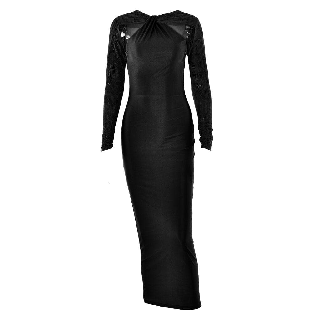 Long sleeve beaded zip-up hollow out patchwork maxi dress