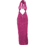 Textured solid halter sleeveless backless maxi dress