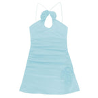 Ruched flower applique hollow out backless slit mini dress
