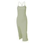 Cross back solid slit backless sleeveless midi dress