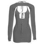 Fishnet hollow out solid long sleeve backless shrug mini dress