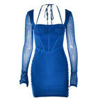 Mesh long sleeve solid ruched halter zip-up mini dress
