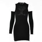 Long sleeve solid off shoulder crochet hollow out mini dress
