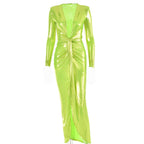 Ruched textured long sleeve v neck knotted maxi dress