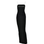 Metal chain square neck slit solid knotted maxi dress
