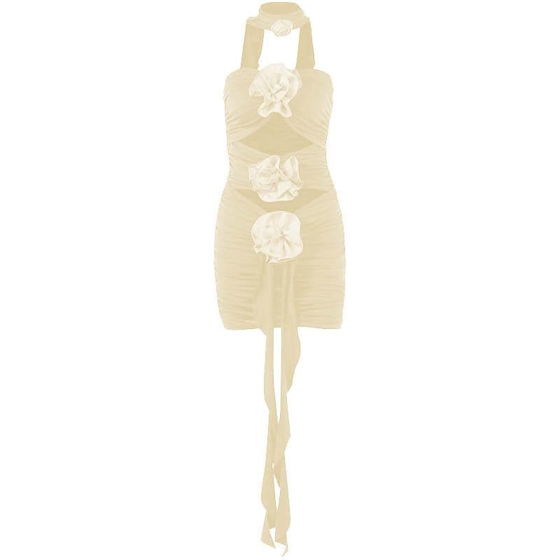 Flower applique hollow out ruched contrast tube mini dress