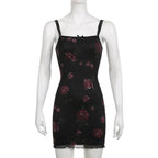 Square neck mesh ruffle flower print contrast mini dress