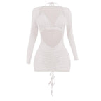Mesh drawstring ruched long sleeve halter ruffle mini dress