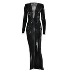 Ruched textured long sleeve v neck knotted maxi dress