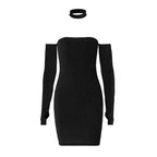 Textured gloves off shoulder long sleeve backless mini dress
