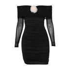 Flower applique mesh ruched off shoulder long sleeve mini dress