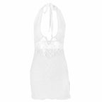 Halter self tie slit notch neck backless lace mini dress