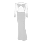 Ruched mesh patchwork off shoulder long sleeve slit maxi dress