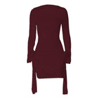 Flower applique solid long sleeve ruched ribbon mini dress