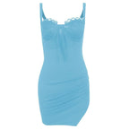 Ruched solid sleeveless lace slit self tie backless mini dress