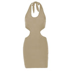 Sleeveless solid v neck halter self tie backless hollow out mini dress