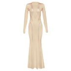 Crewneck long sleeve mesh patchwork maxi dress