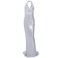 Metallic cowl neck ruched halter backless maxi dress