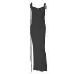 Ruched solid lace up backless cowl neck maxi dress