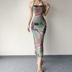 Halter self tie contrast print sheer mesh backless hollow out maxi dress