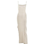 Lace up square neck slit solid backless cami maxi dress