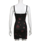 Square neck mesh ruffle flower print contrast mini dress
