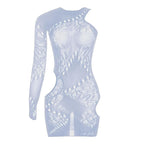 Fishnet irregular long sleeve hollow out see through mini dress