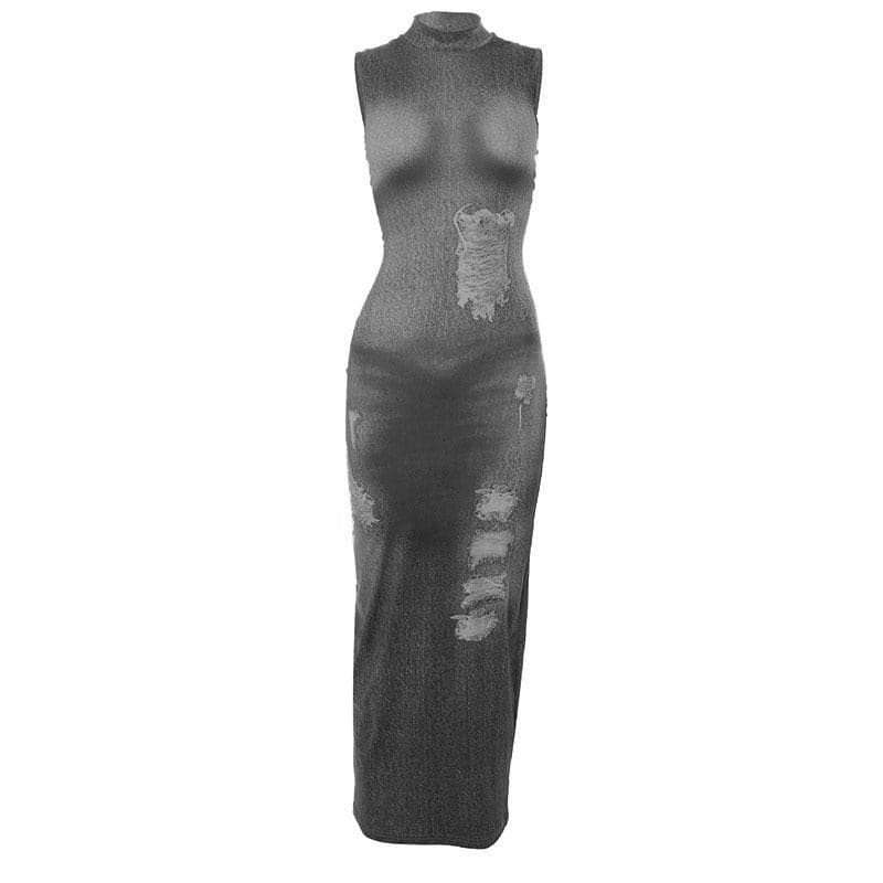 Denim print sleeveless contrast high neck maxi dress
