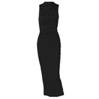 Turtle neck ruched solid sleeveless slit midi dress