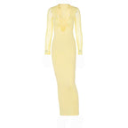 Mesh patchwork solid low cut long sleeve cross front maxi dress