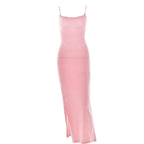 Lace up square neck slit solid backless cami maxi dress