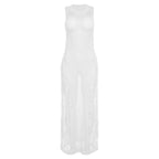 Crochet solid sleeveless see through round neck maxi dress