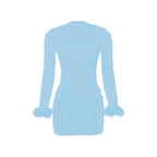 Feather patchwork solid long sleeve low cut mini dress