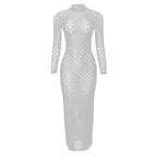 Plaid see through high neck solid long sleeve maxi dress