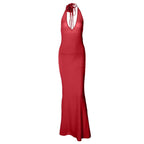 Solid v neck halter backless flower applique self tie maxi dress