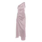 Slit solid satin one shoulder irregular ruched maxi dress