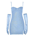 Textured mesh gloves sweetheart neck zip-up slit cami mini dress