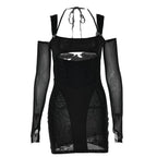 Gloves mesh corset off shoulder hollow out long sleeve halter mini dress
