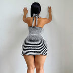 Halter o ring textured striped cowl neck mini dress