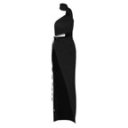 Halter o ring irregular solid backless ruched slit maxi dress