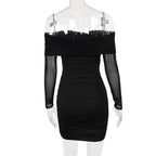 Flower applique mesh ruched off shoulder long sleeve mini dress