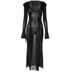 Slit flared sleeve sheer mesh see through u neck low cut maxi dress